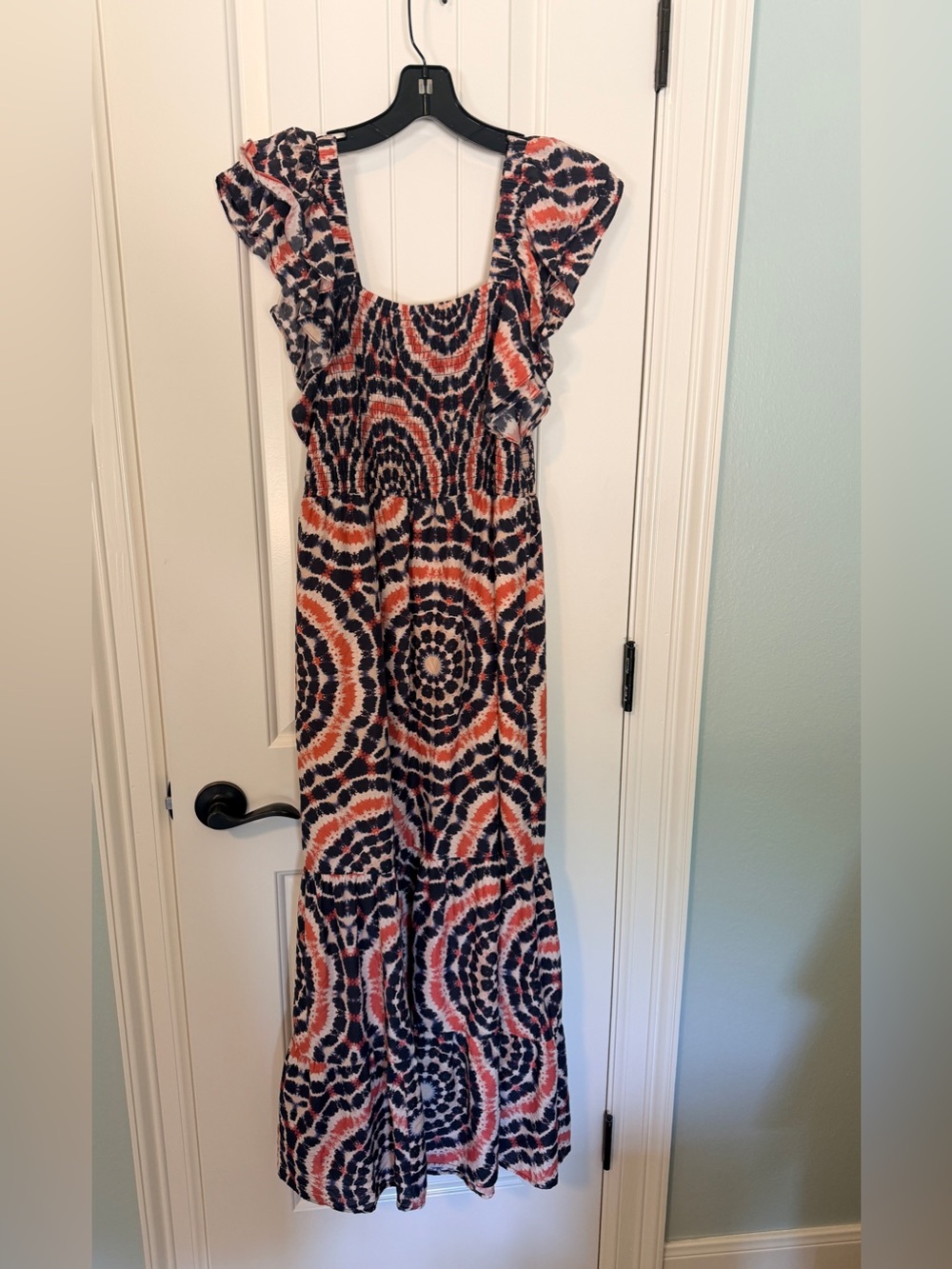 Marie Oliver Tiered Tie-Dye Maxi Dress in Coral and Navy